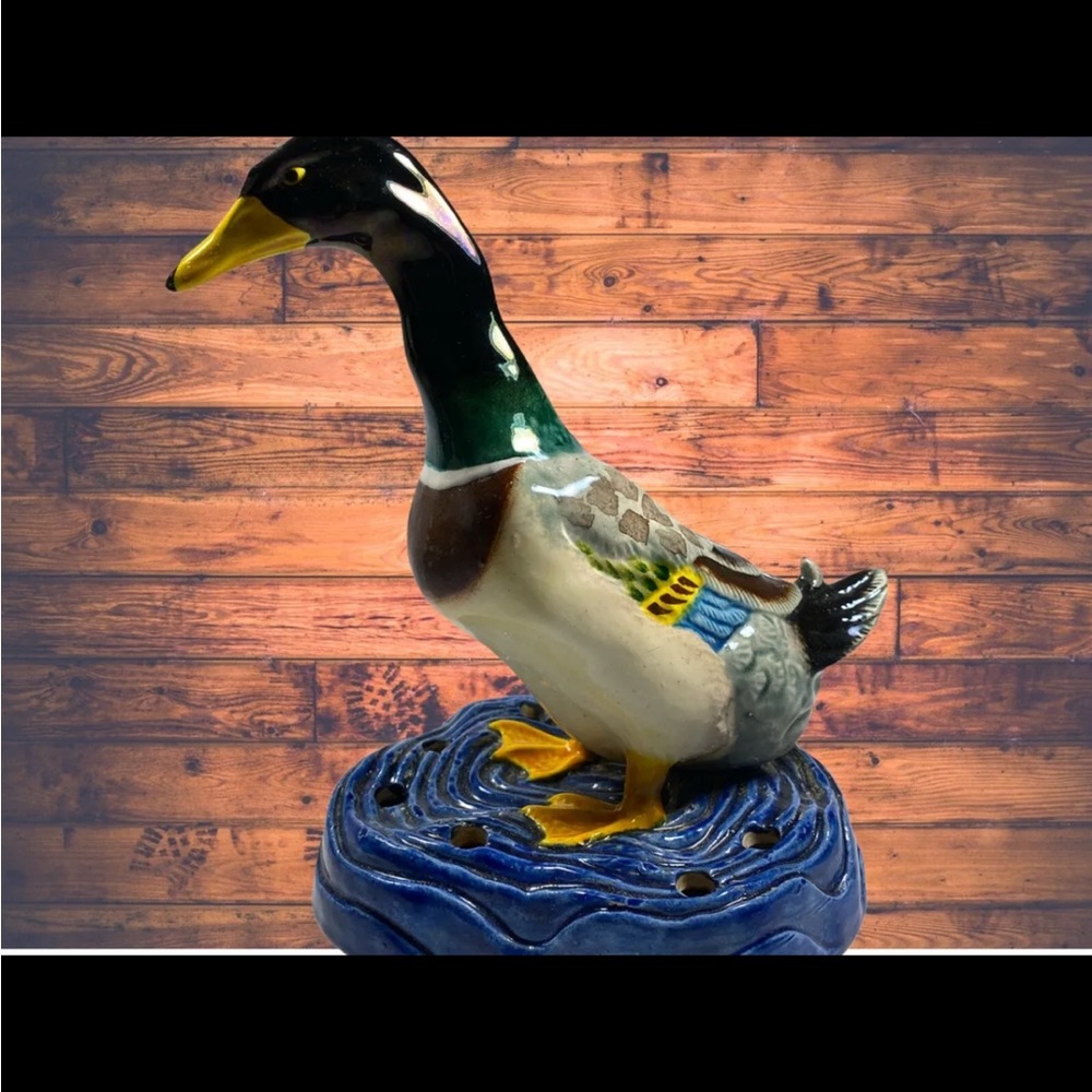 Duck Mallard Figurine 6.5 in Hand Painted Blue Brown Art Pottery Ceramic Japan